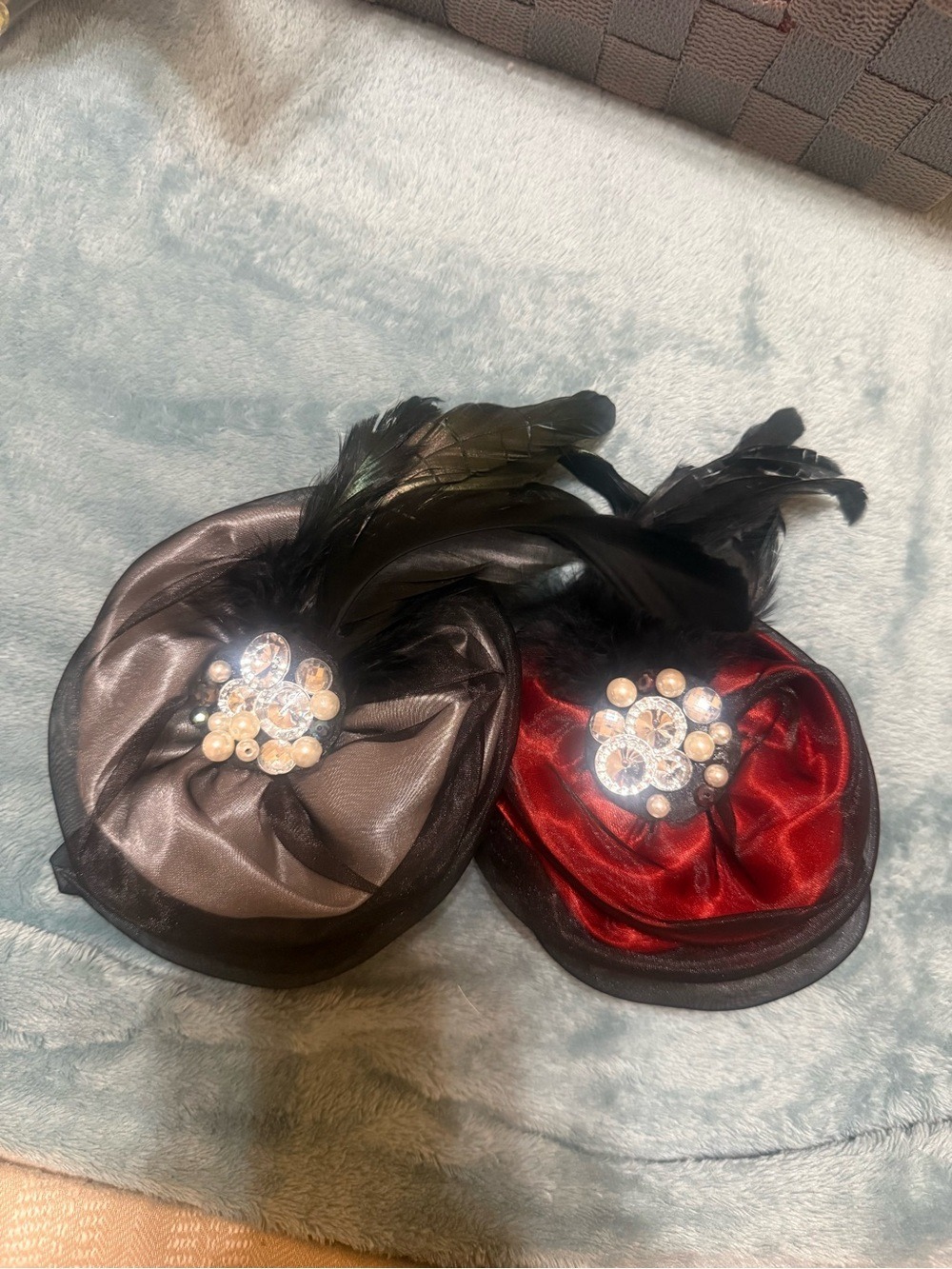 Natasha Satin Feather Brooch Pair — Red & Black